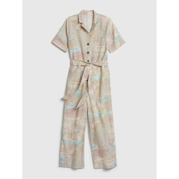 GAP Tropical Floral Linen Cotton Belted Button Up Utility Shirt Jumpsuit, Size 4 - Picture 1 of 11